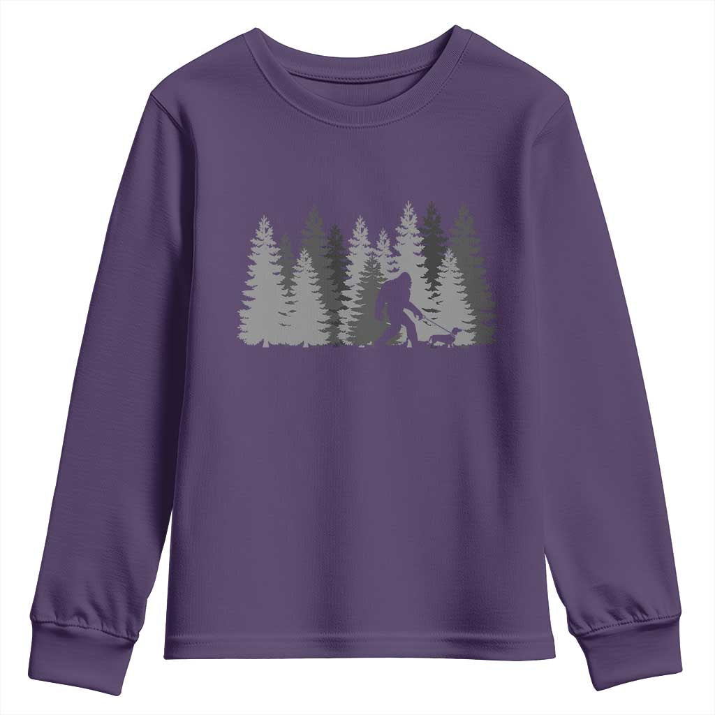 Bigfoot Walking Dachshund Youth Sweatshirt Funny Wiener Dog Gift Forest Sasquatch Yeti TS10 Purple Print Your Wear