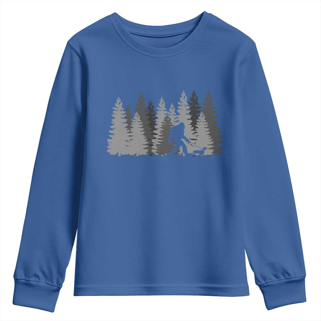 Bigfoot Walking Dachshund Youth Sweatshirt Funny Wiener Dog Gift Forest Sasquatch Yeti TS10 Royal Blue Print Your Wear