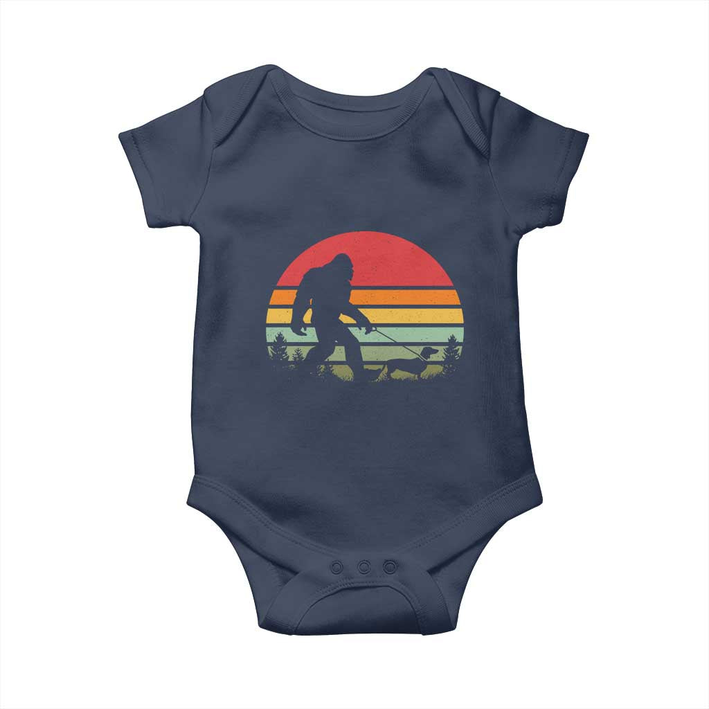 Retro Bigfoot Walking Dachshund Baby Onesie Funny Doxie Wiener Dog Walker Vintage 70s 80s TS10 Navy Print Your Wear