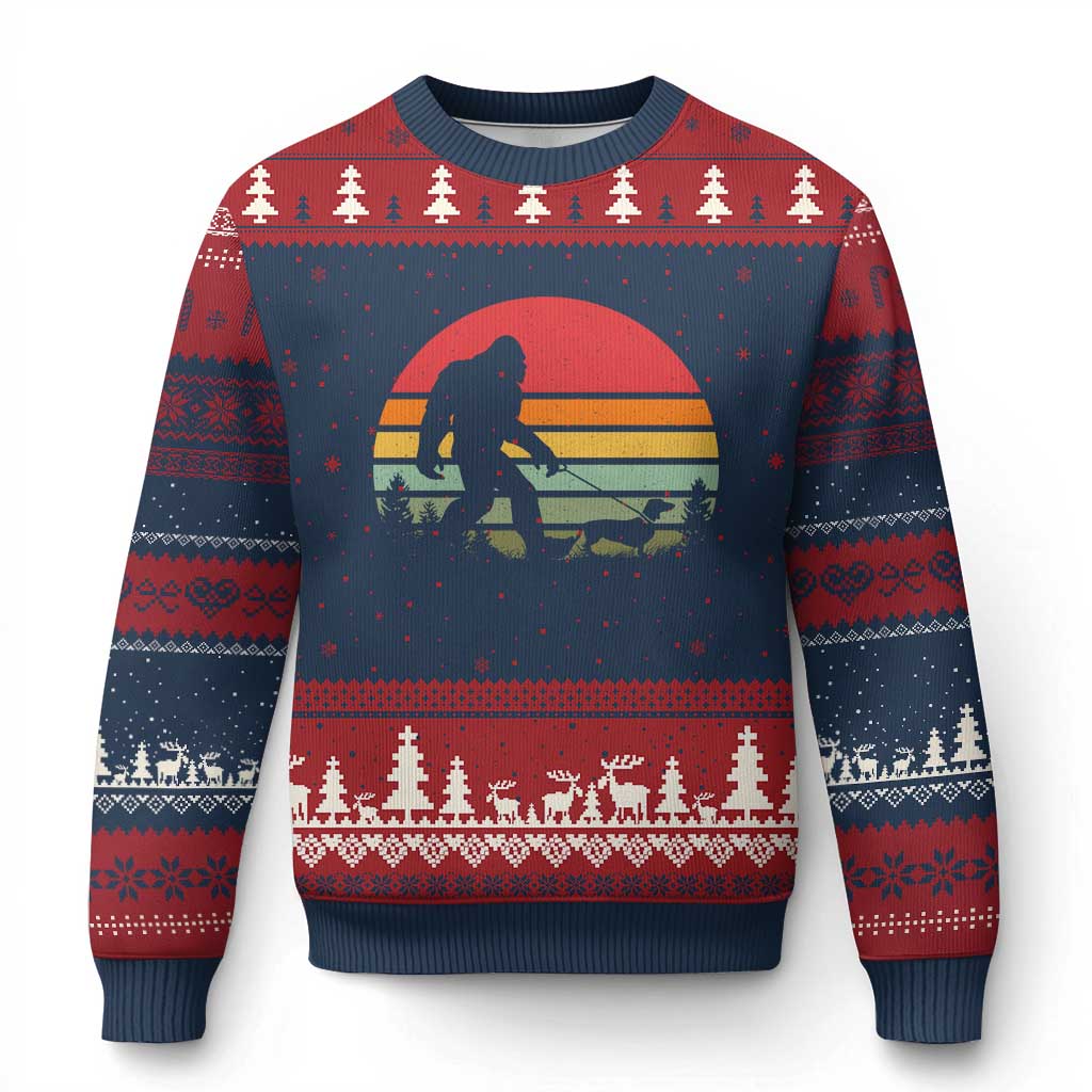 Retro Bigfoot Walking Dachshund Ugly Christmas Sweater Funny Doxie Wiener Dog Walker Vintage 70s 80s TS10 Navy Red Print Your Wear
