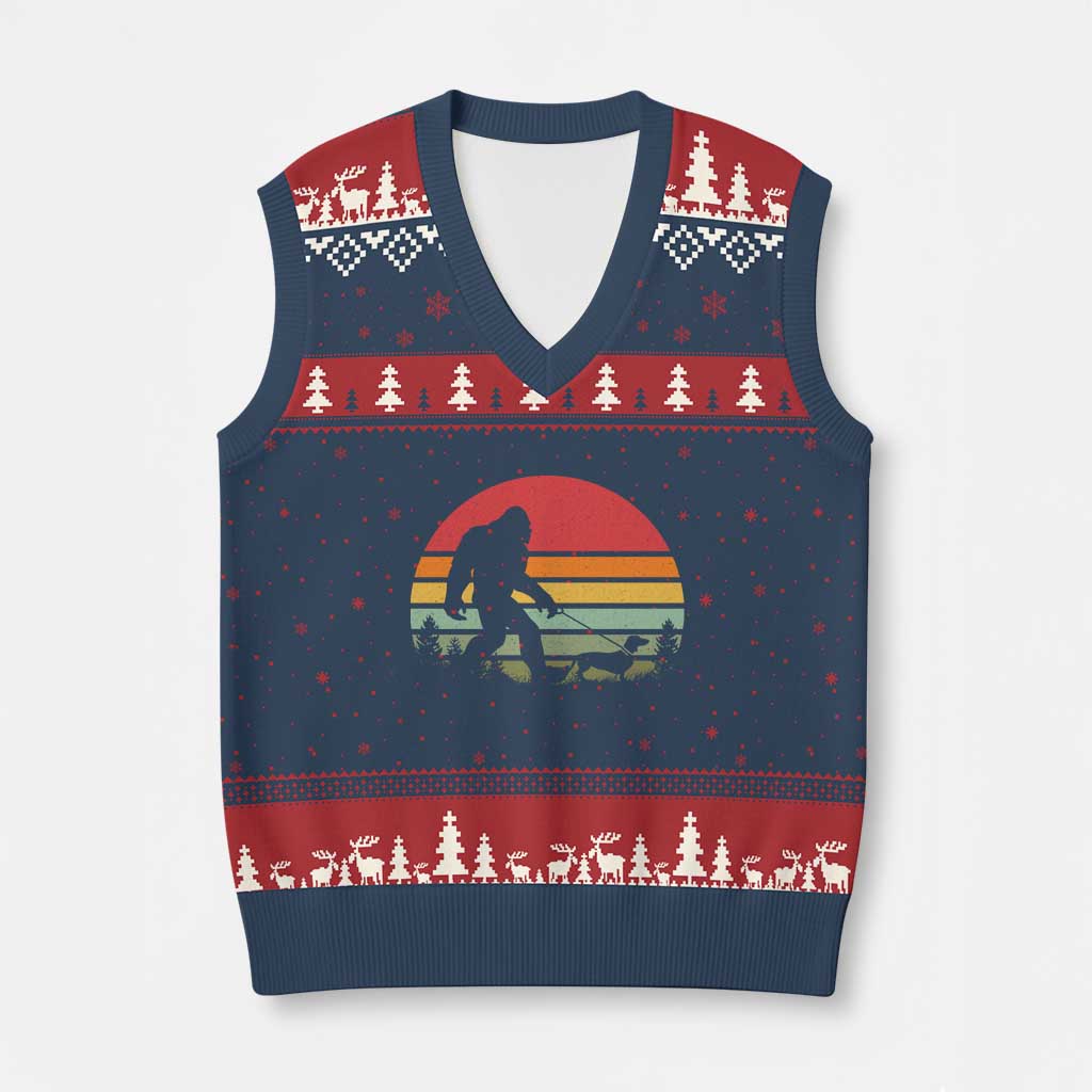 Retro Bigfoot Walking Dachshund V-Neck Knit Sweater Vest Funny Doxie Wiener Dog Walker Vintage 70s 80s TS10 Navy Red Print Your Wear