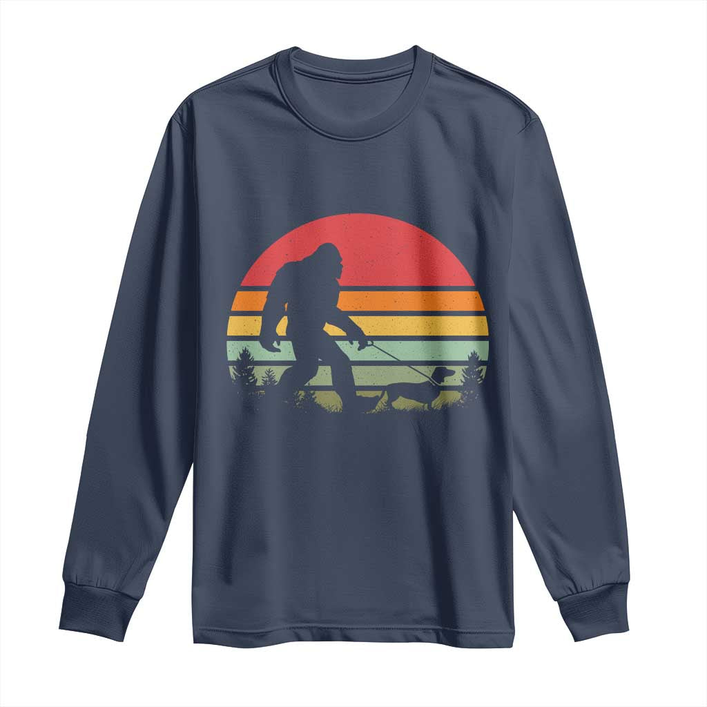 Retro Bigfoot Walking Dachshund Long Sleeve Shirt Funny Doxie Wiener Dog Walker Vintage 70s 80s TS10 Navy Print Your Wear