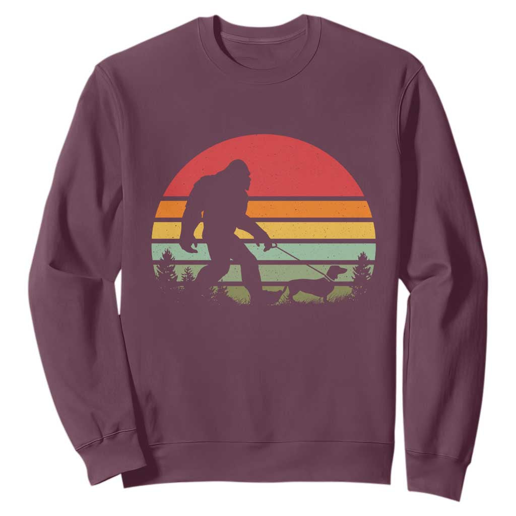 Retro Bigfoot Walking Dachshund Sweatshirt Funny Doxie Wiener Dog Walker Vintage 70s 80s TS10 Maroon Print Your Wear