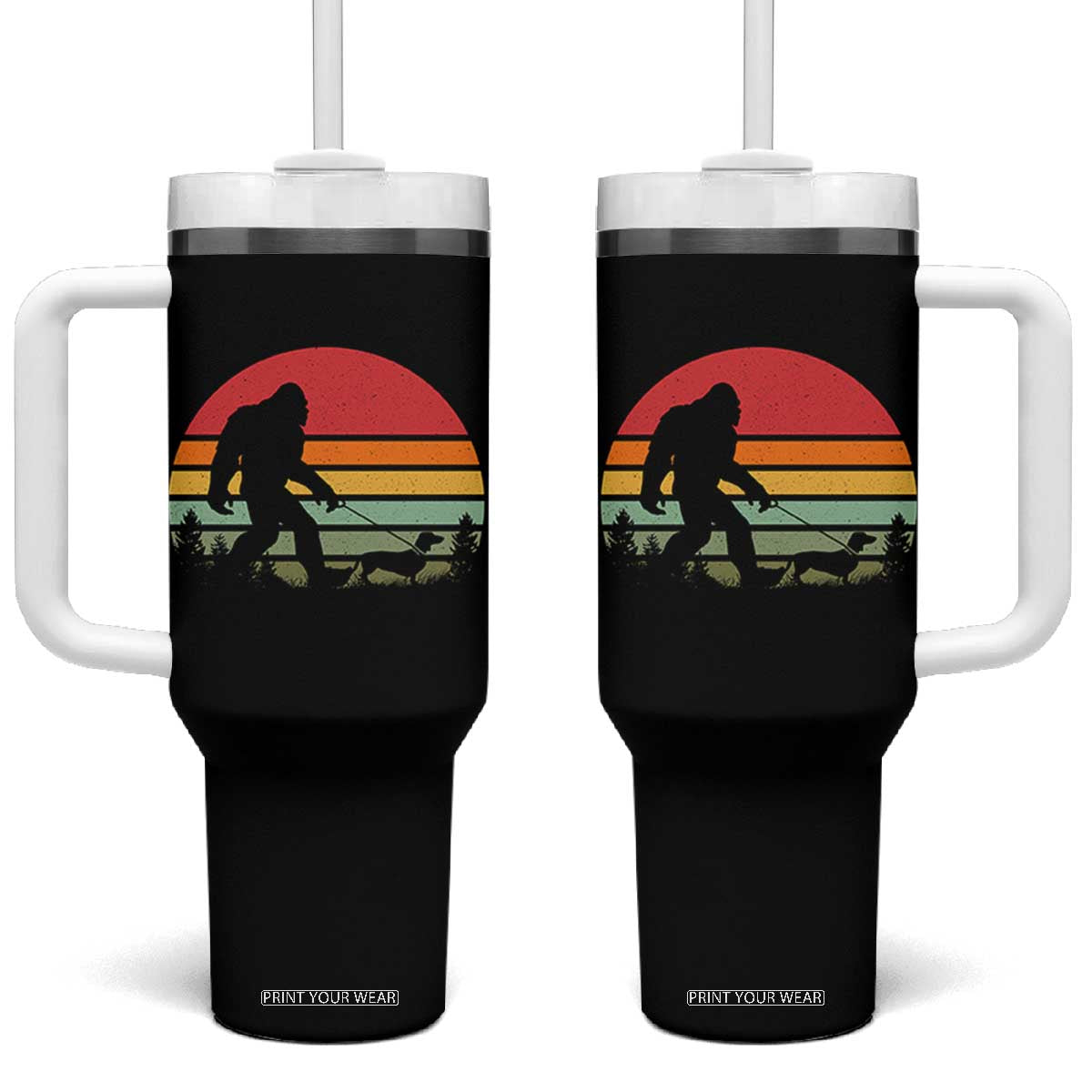 Retro Bigfoot Walking Dachshund Tumbler With Handle Funny Doxie Wiener Dog Walker Vintage 70s 80s TS10 One Size: 40 oz Black Print Your Wear