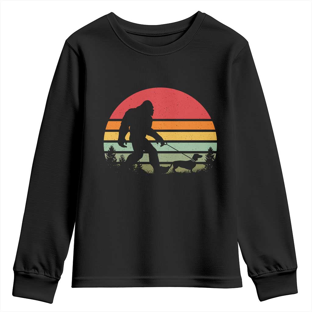Retro Bigfoot Walking Dachshund Youth Sweatshirt Funny Doxie Wiener Dog Walker Vintage 70s 80s TS10 Black Print Your Wear