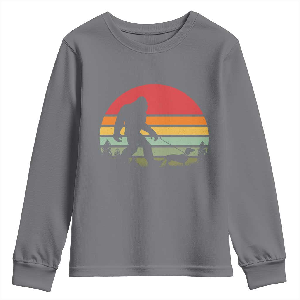 Retro Bigfoot Walking Dachshund Youth Sweatshirt Funny Doxie Wiener Dog Walker Vintage 70s 80s TS10 Charcoal Print Your Wear