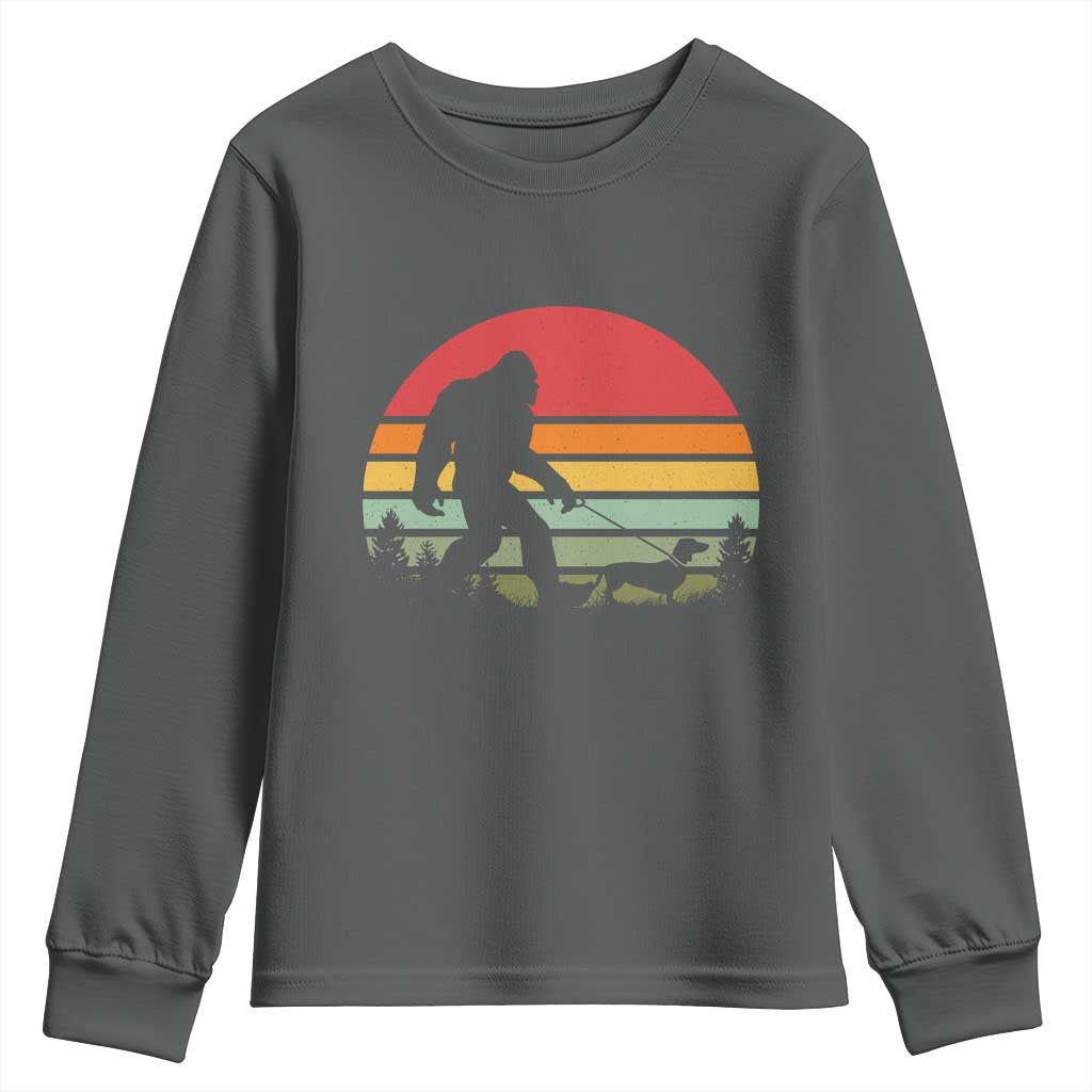 Retro Bigfoot Walking Dachshund Youth Sweatshirt Funny Doxie Wiener Dog Walker Vintage 70s 80s TS10 Dark Heather Print Your Wear