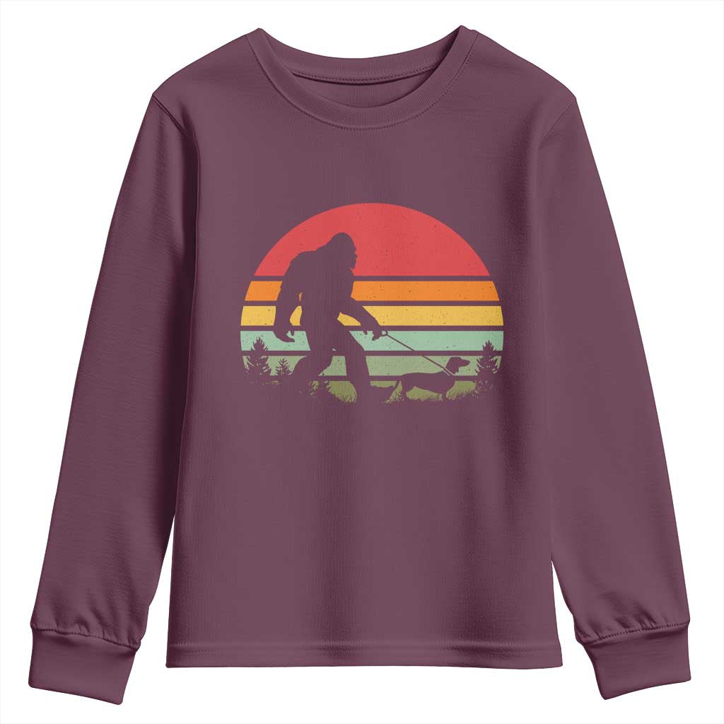 Retro Bigfoot Walking Dachshund Youth Sweatshirt Funny Doxie Wiener Dog Walker Vintage 70s 80s TS10 Maroon Print Your Wear