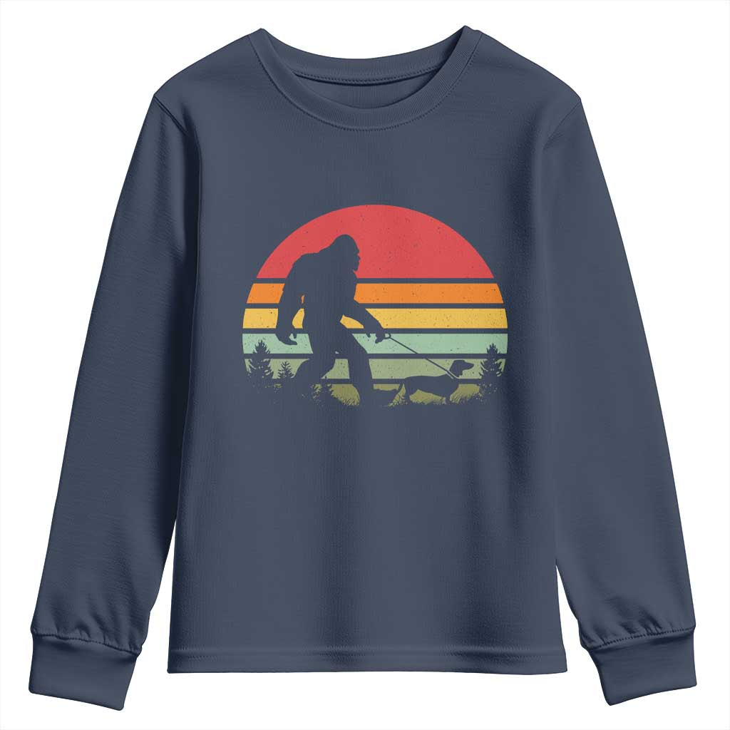 Retro Bigfoot Walking Dachshund Youth Sweatshirt Funny Doxie Wiener Dog Walker Vintage 70s 80s TS10 Navy Print Your Wear