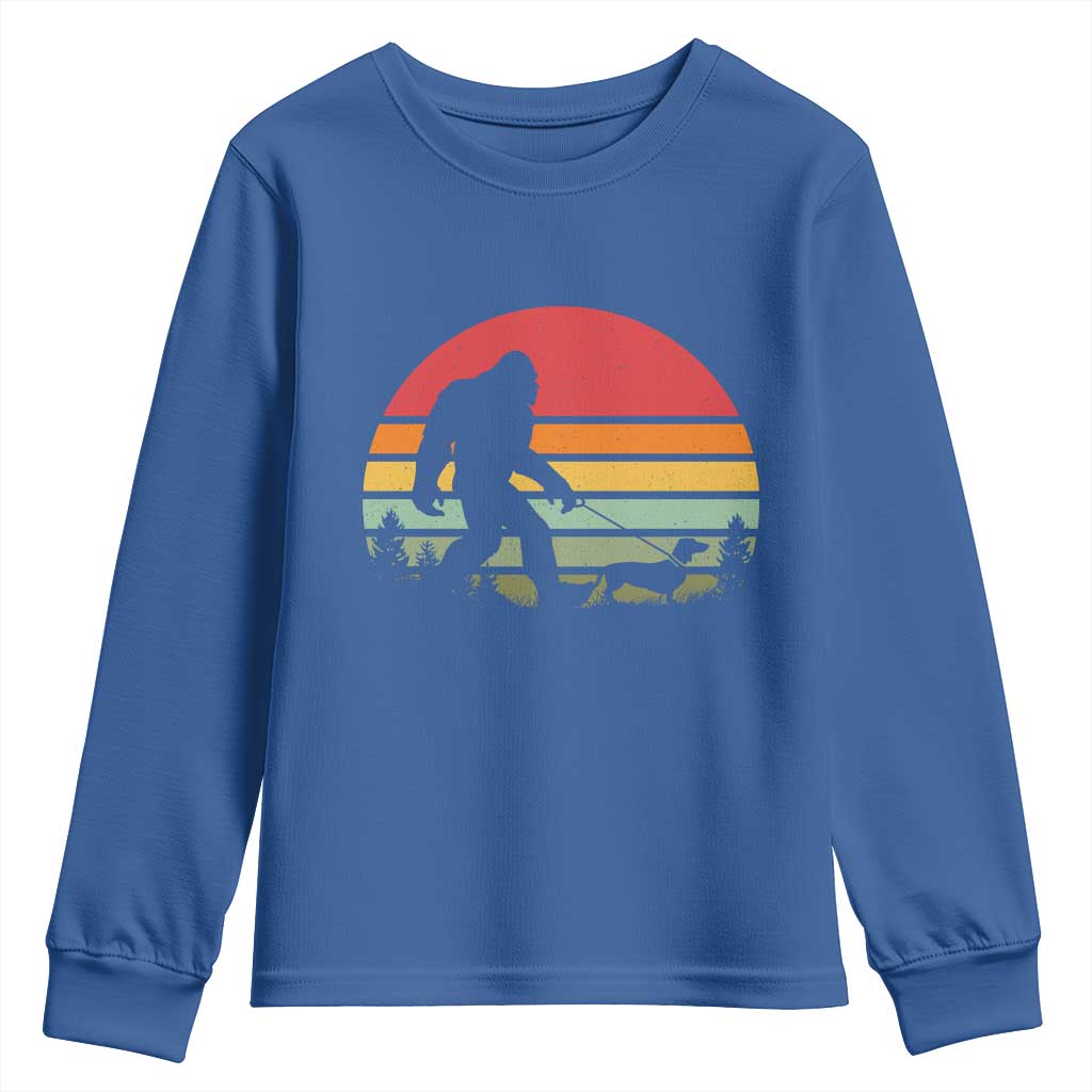 Retro Bigfoot Walking Dachshund Youth Sweatshirt Funny Doxie Wiener Dog Walker Vintage 70s 80s TS10 Royal Blue Print Your Wear