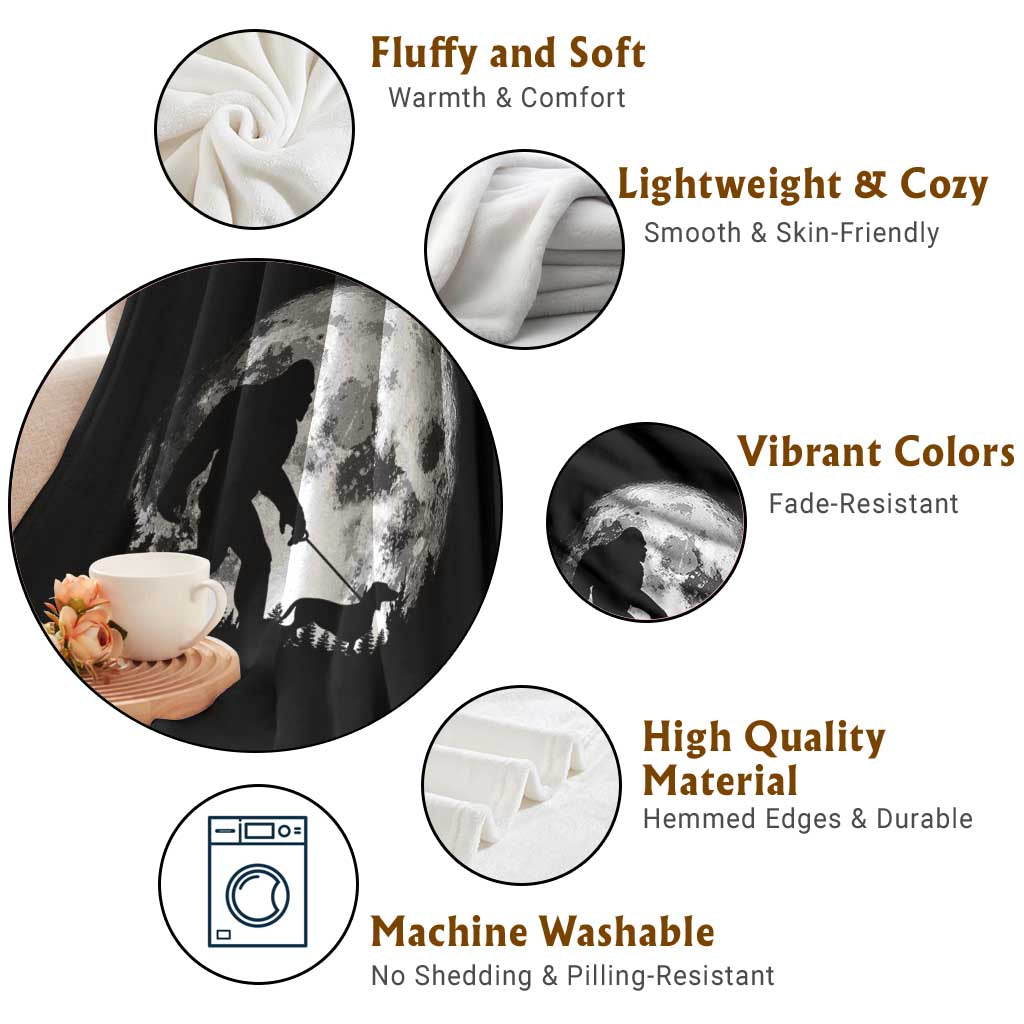 Bigfoot Walking Dachshund Throw Blanket Funny Doxie Wiener Sasquatch Night Stroll Full Moon TS10 Print Your Wear