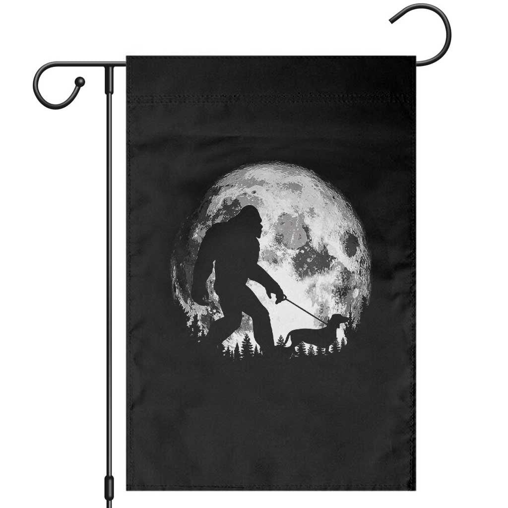 Bigfoot Walking Dachshund Garden Flag Funny Doxie Wiener Sasquatch Night Stroll Full Moon TS10 Black Print Your Wear
