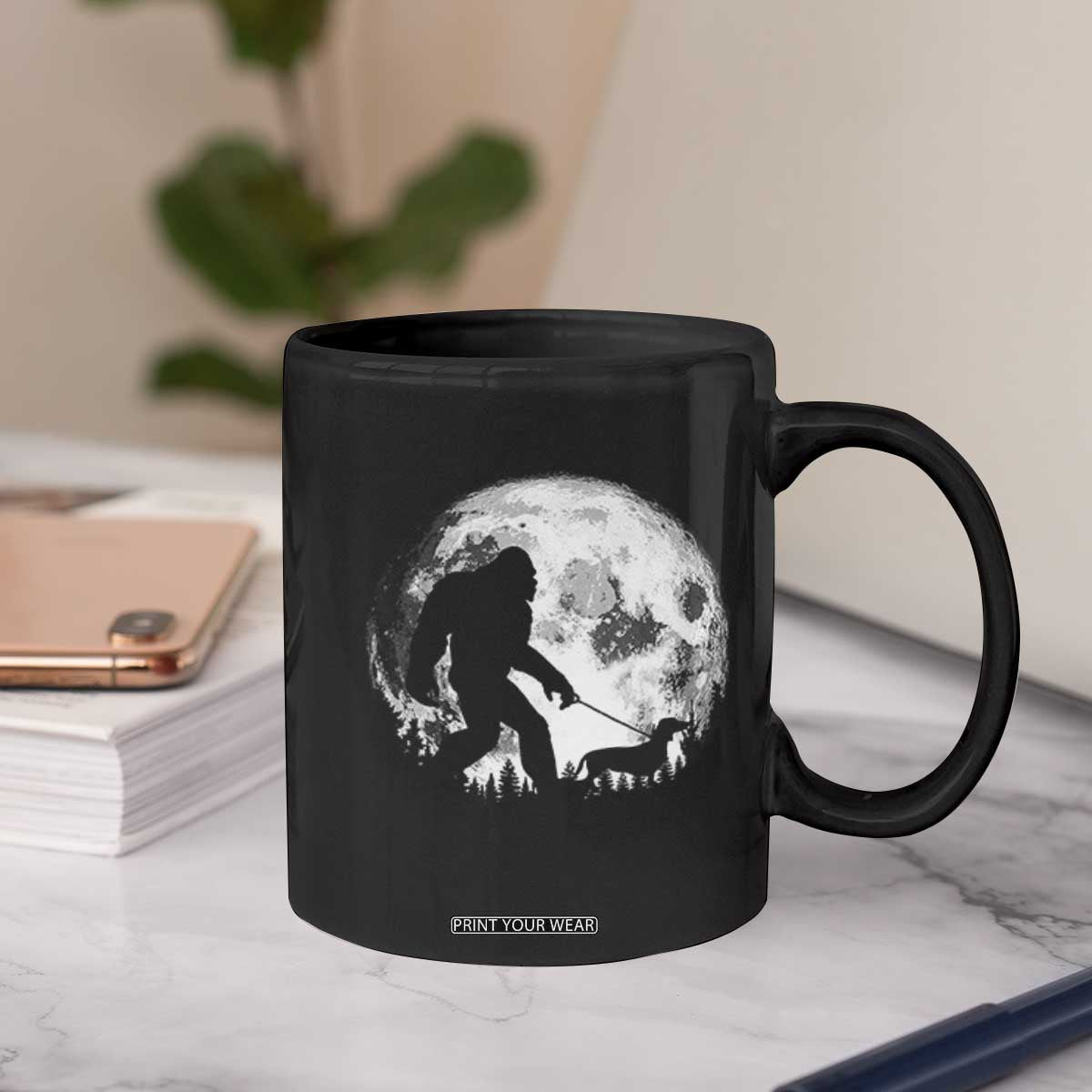 Bigfoot Walking Dachshund Coffee Mug Funny Doxie Wiener Sasquatch Night Stroll Full Moon TS10 Print Your Wear