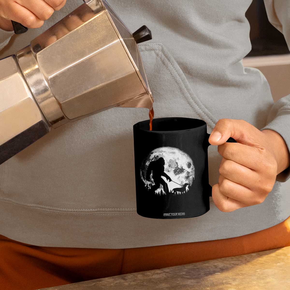 Bigfoot Walking Dachshund Coffee Mug Funny Doxie Wiener Sasquatch Night Stroll Full Moon TS10 Print Your Wear
