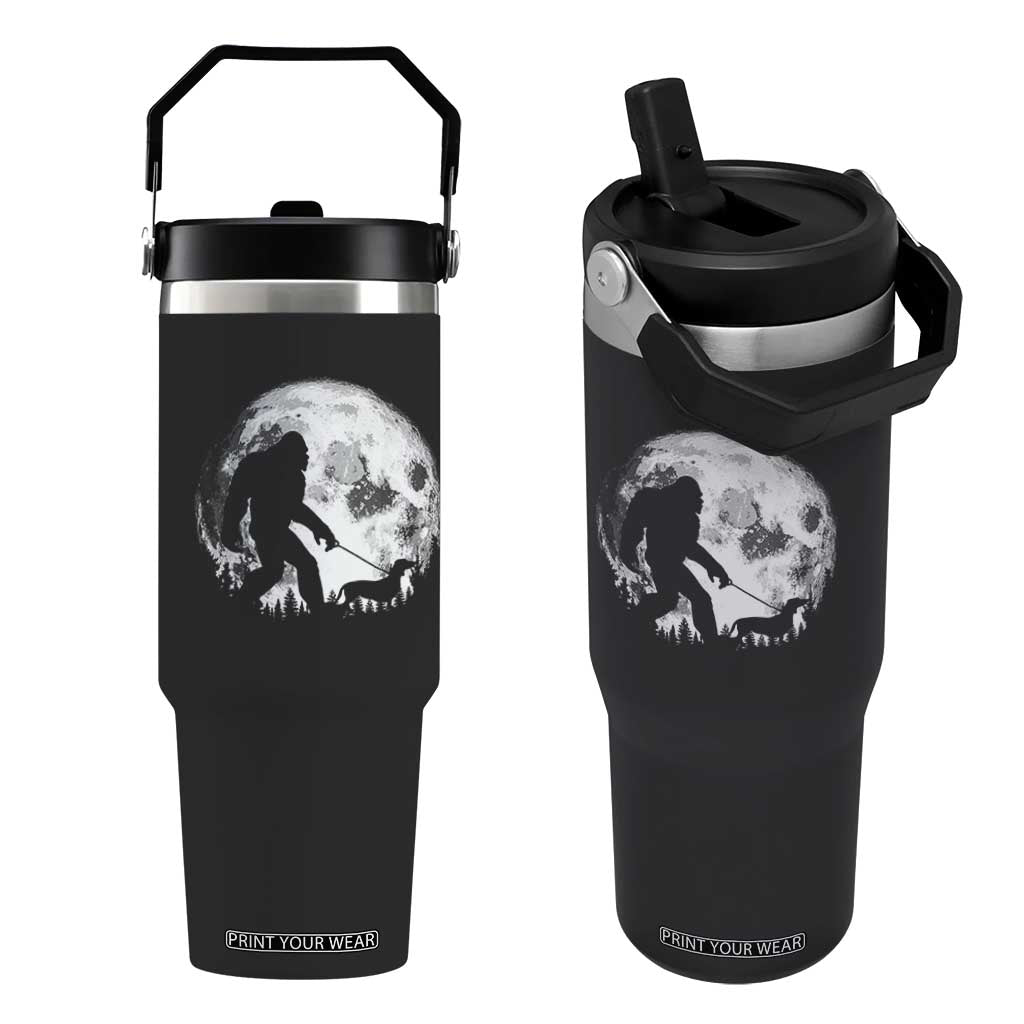 Bigfoot Walking Dachshund Flip Straw Tumbler Funny Doxie Wiener Sasquatch Night Stroll Full Moon TS10 One Size: 30 oz Black Print Your Wear