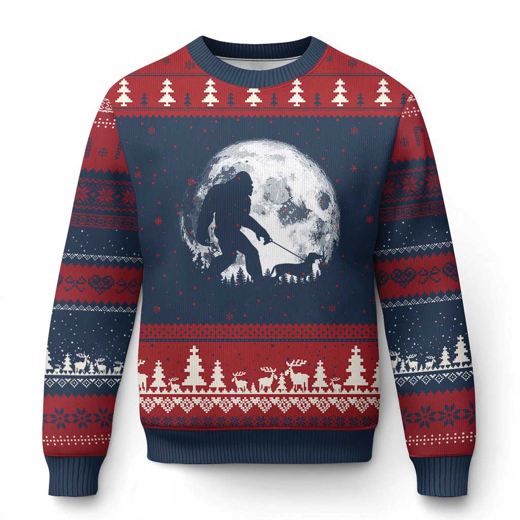 Bigfoot Walking Dachshund Ugly Christmas Sweater Funny Doxie Wiener Sasquatch Night Stroll Full Moon TS10 Navy Red Print Your Wear