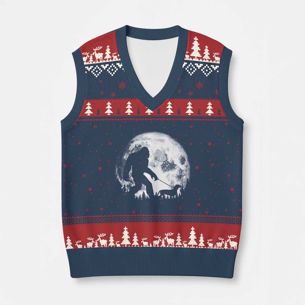 Bigfoot Walking Dachshund V-Neck Knit Sweater Vest Funny Doxie Wiener Sasquatch Night Stroll Full Moon TS10 Navy Red Print Your Wear