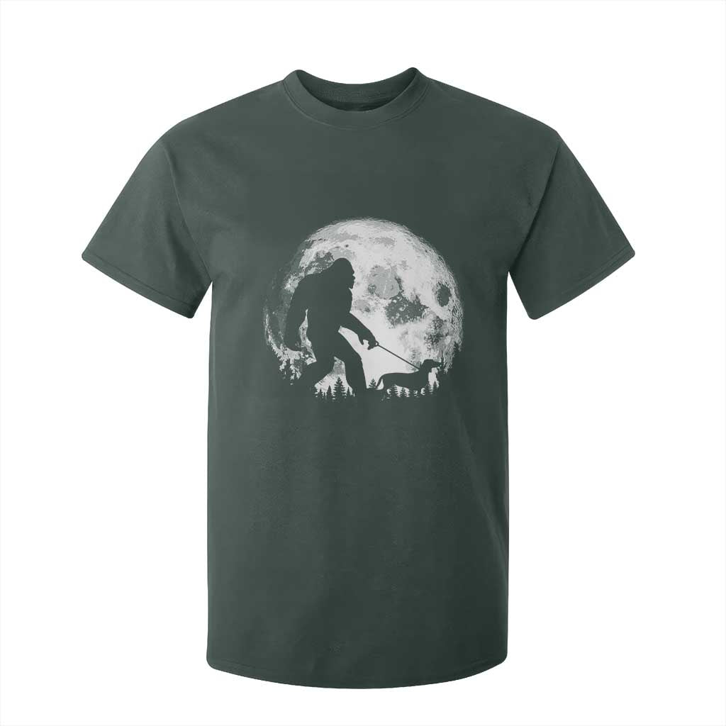 Bigfoot Walking Dachshund T Shirt For Kid Funny Doxie Wiener Sasquatch Night Stroll Full Moon TS10 Dark Forest Green Print Your Wear