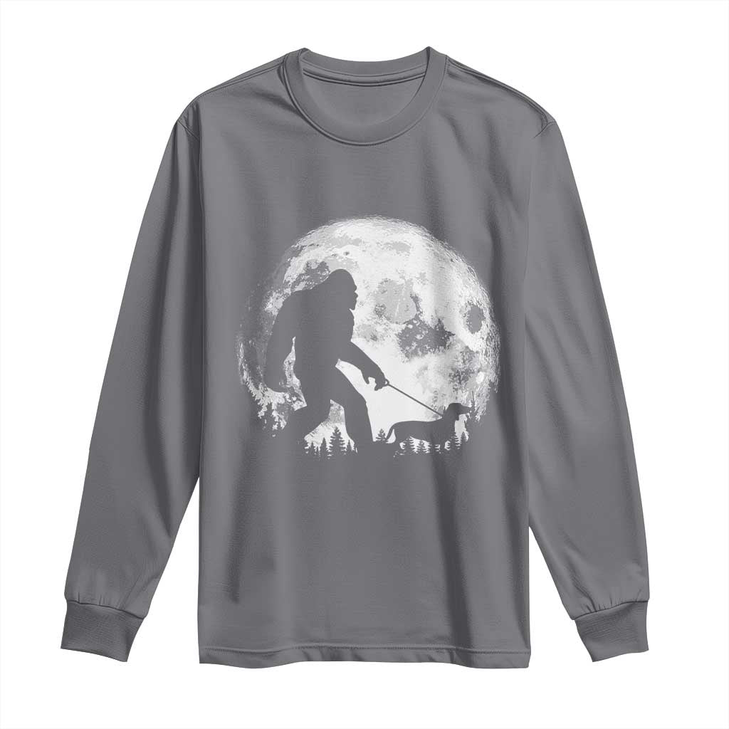 Bigfoot Walking Dachshund Long Sleeve Shirt Funny Doxie Wiener Sasquatch Night Stroll Full Moon TS10 Charcoal Print Your Wear
