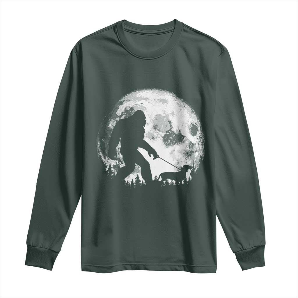 Bigfoot Walking Dachshund Long Sleeve Shirt Funny Doxie Wiener Sasquatch Night Stroll Full Moon TS10 Dark Forest Green Print Your Wear