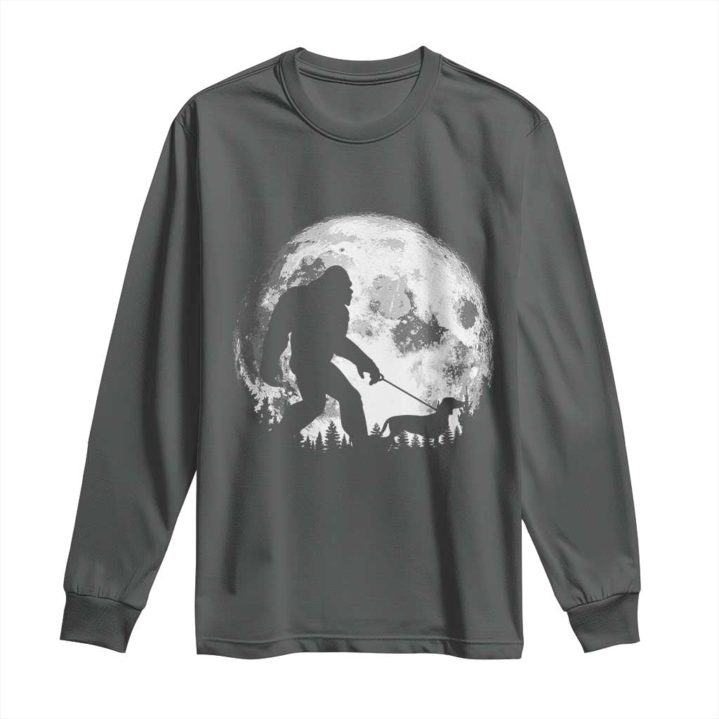 Bigfoot Walking Dachshund Long Sleeve Shirt Funny Doxie Wiener Sasquatch Night Stroll Full Moon TS10 Dark Heather Print Your Wear