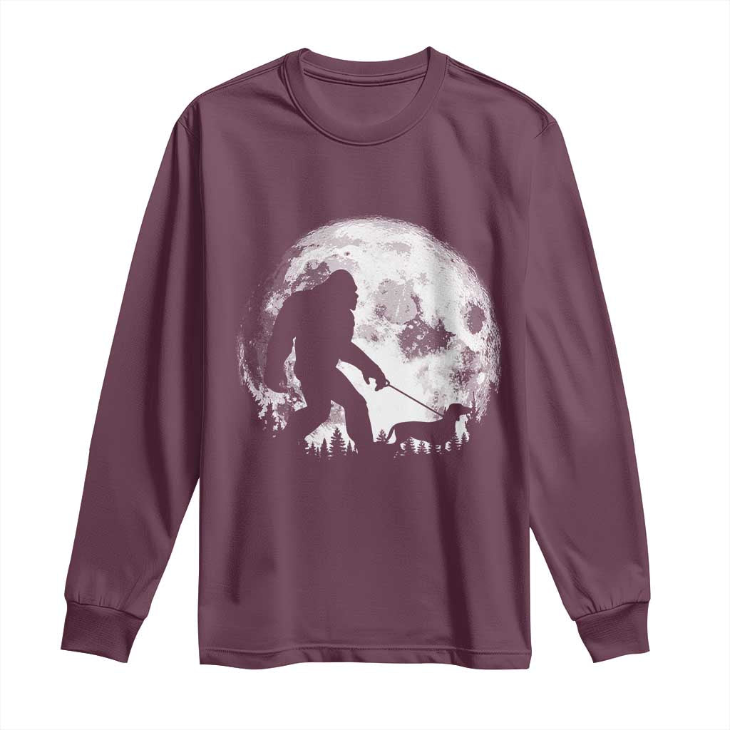 Bigfoot Walking Dachshund Long Sleeve Shirt Funny Doxie Wiener Sasquatch Night Stroll Full Moon TS10 Maroon Print Your Wear