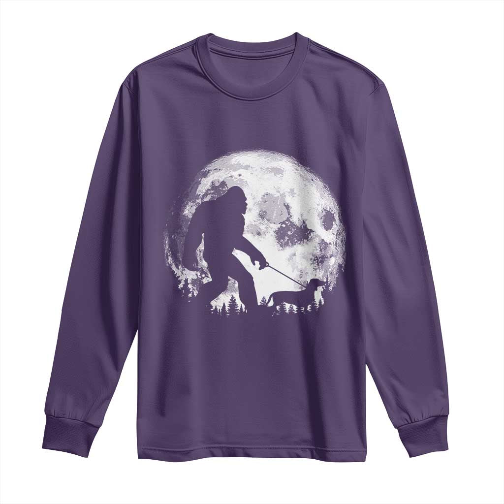 Bigfoot Walking Dachshund Long Sleeve Shirt Funny Doxie Wiener Sasquatch Night Stroll Full Moon TS10 Purple Print Your Wear