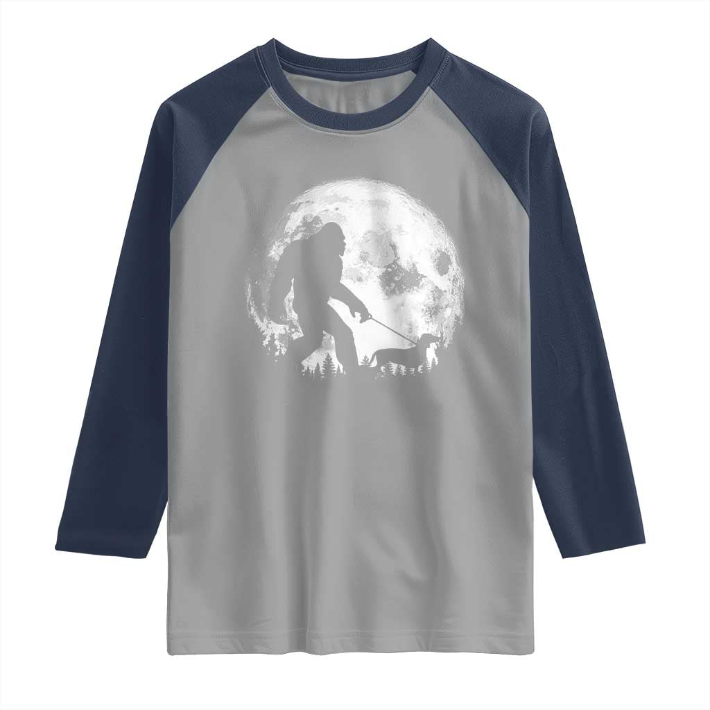 Bigfoot Walking Dachshund Raglan Shirt Funny Doxie Wiener Sasquatch Night Stroll Full Moon TS10 Sport Gray Navy Print Your Wear