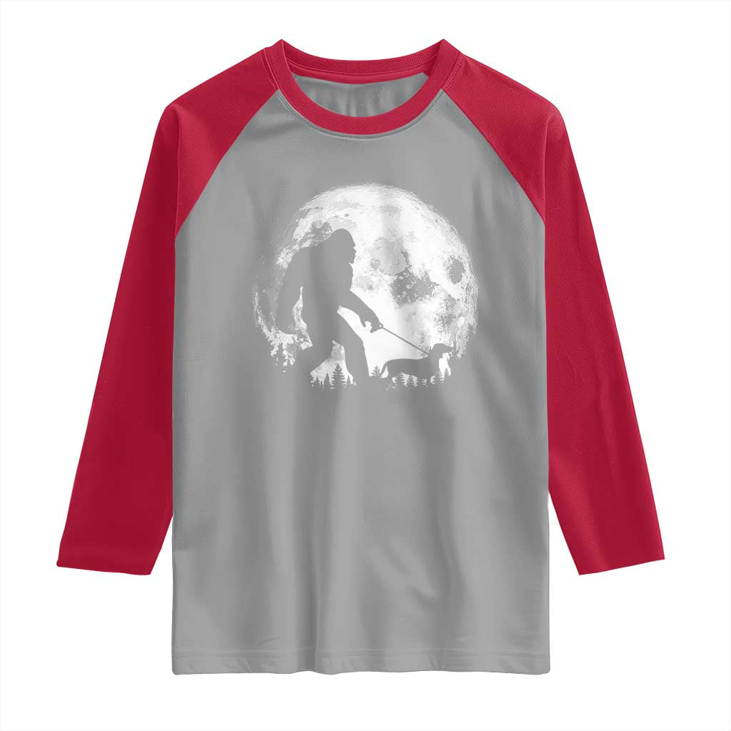 Bigfoot Walking Dachshund Raglan Shirt Funny Doxie Wiener Sasquatch Night Stroll Full Moon TS10 Sport Gray Red Print Your Wear