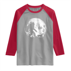 Bigfoot Walking Dachshund Raglan Shirt Funny Doxie Wiener Sasquatch Night Stroll Full Moon TS10 Sport Gray Red Print Your Wear