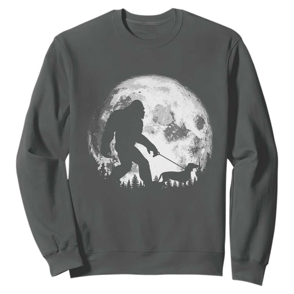 Bigfoot Walking Dachshund Sweatshirt Funny Doxie Wiener Sasquatch Night Stroll Full Moon TS10 Dark Heather Print Your Wear