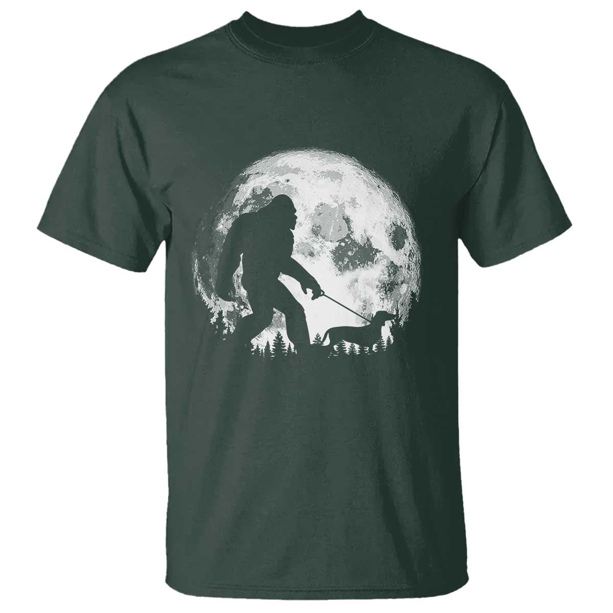 Bigfoot Walking Dachshund T Shirt Funny Doxie Wiener Sasquatch Night Stroll Full Moon TS10 Dark Forest Green Print Your Wear