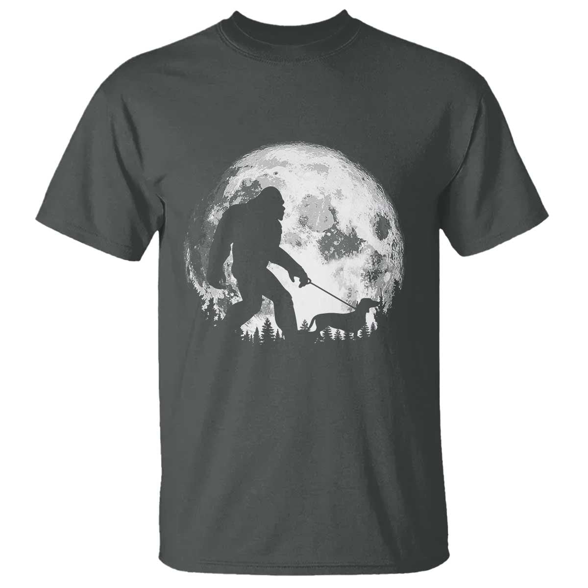 Bigfoot Walking Dachshund T Shirt Funny Doxie Wiener Sasquatch Night Stroll Full Moon TS10 Dark Heather Print Your Wear