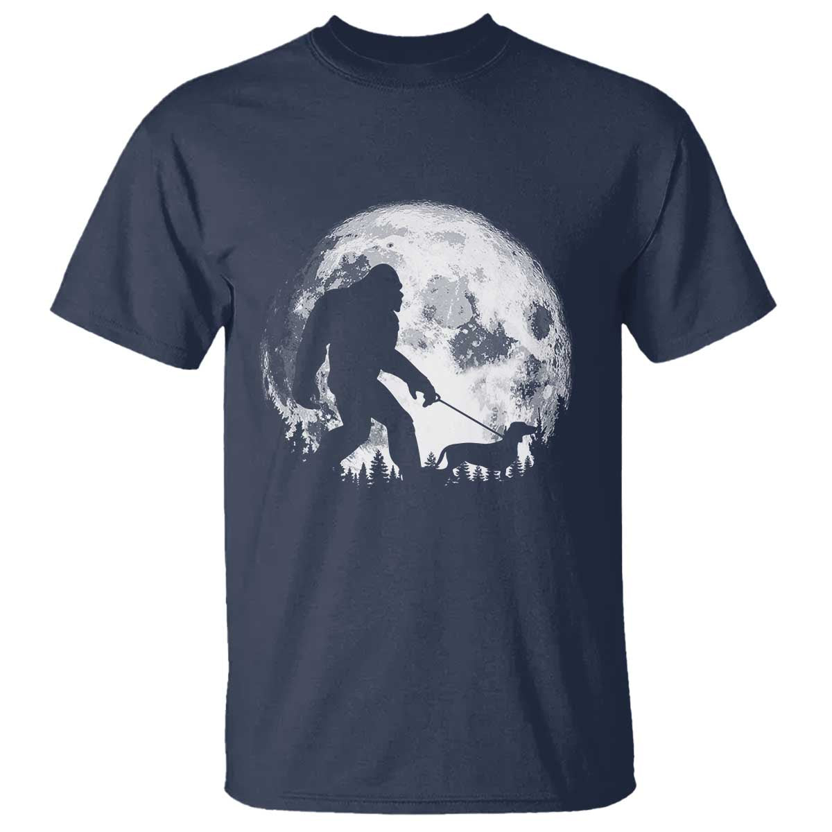 Bigfoot Walking Dachshund T Shirt Funny Doxie Wiener Sasquatch Night Stroll Full Moon TS10 Navy Print Your Wear