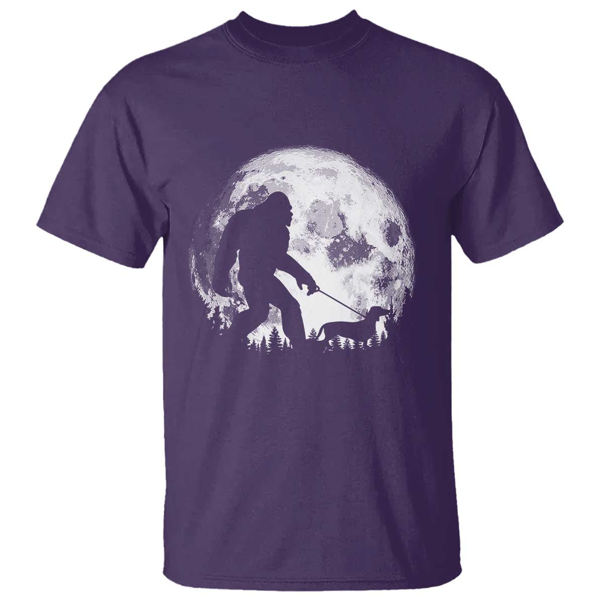 Bigfoot Walking Dachshund T Shirt Funny Doxie Wiener Sasquatch Night Stroll Full Moon TS10 Purple Print Your Wear