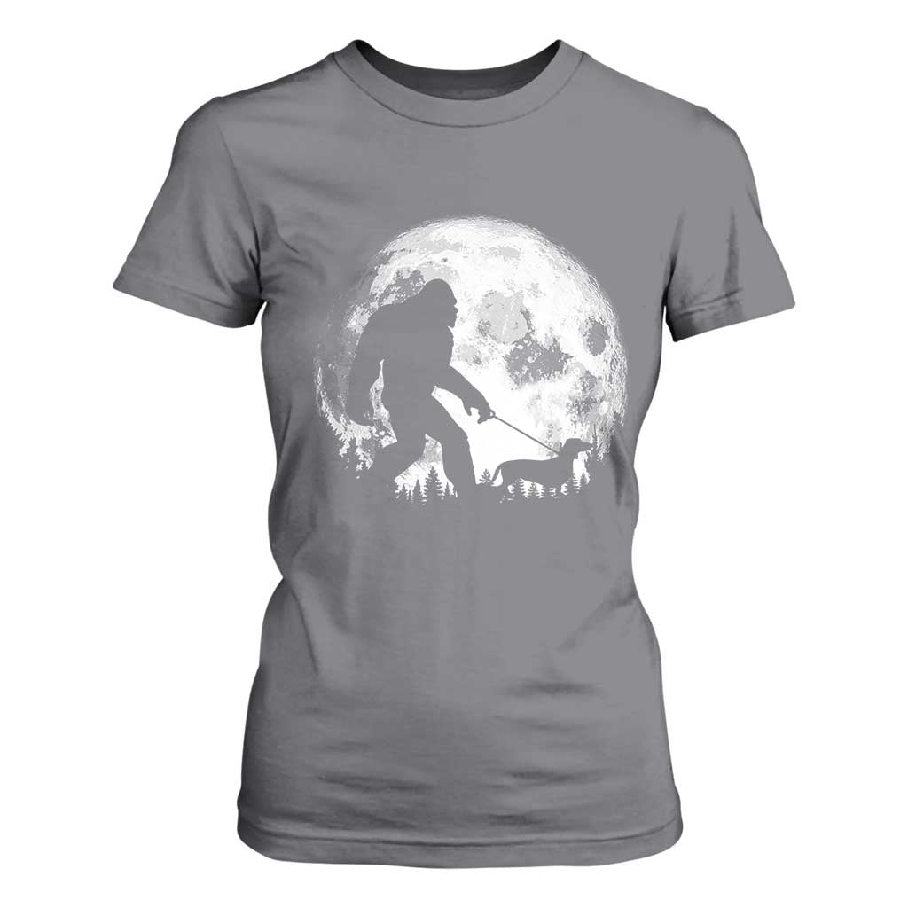 Bigfoot Walking Dachshund T Shirt For Women Funny Doxie Wiener Sasquatch Night Stroll Full Moon TS10 Charcoal Print Your Wear