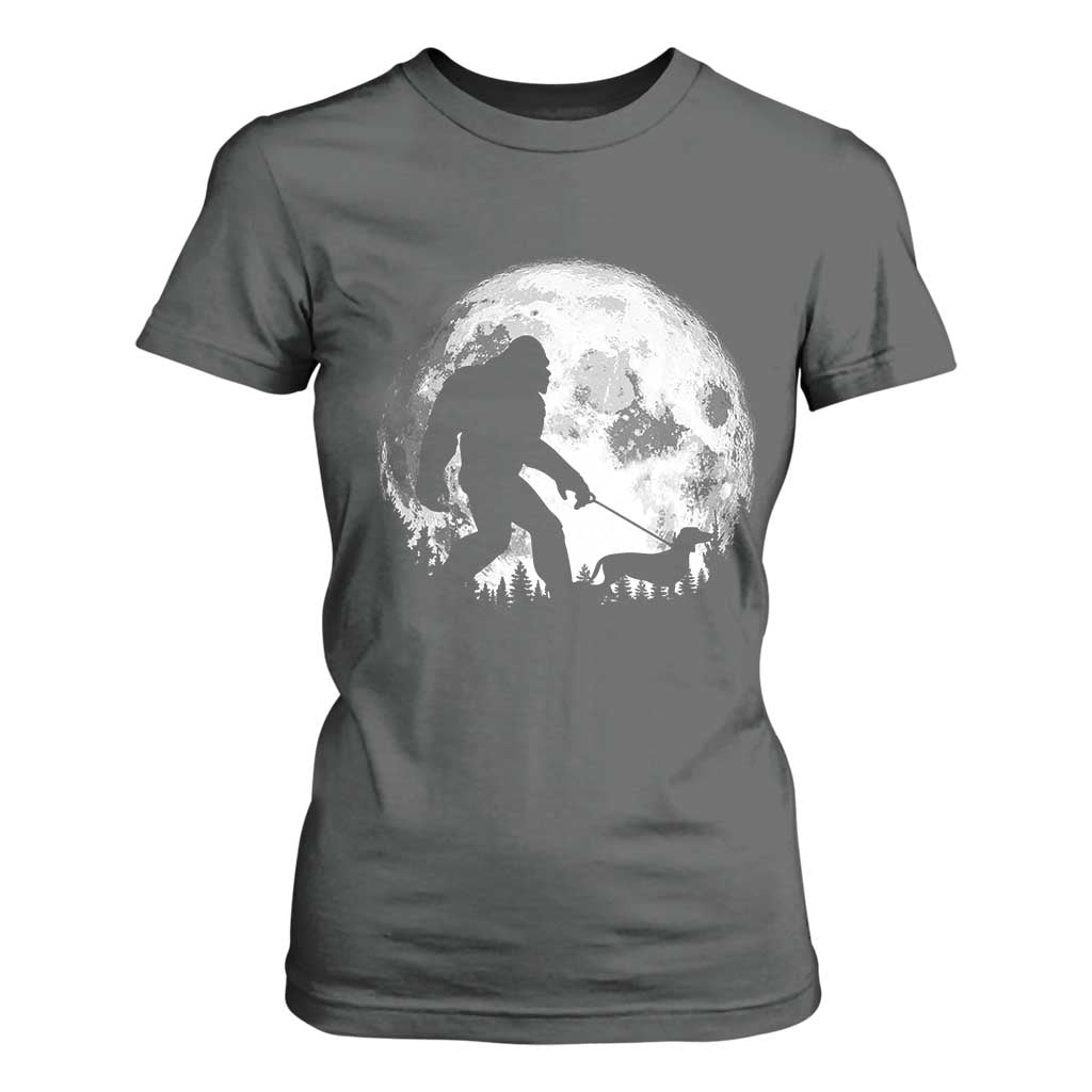 Bigfoot Walking Dachshund T Shirt For Women Funny Doxie Wiener Sasquatch Night Stroll Full Moon TS10 Dark Heather Print Your Wear