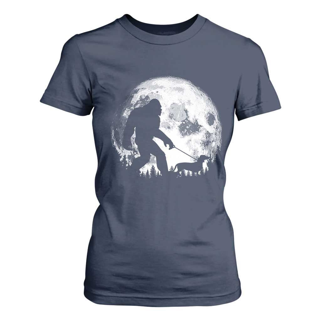 Bigfoot Walking Dachshund T Shirt For Women Funny Doxie Wiener Sasquatch Night Stroll Full Moon TS10 Navy Print Your Wear