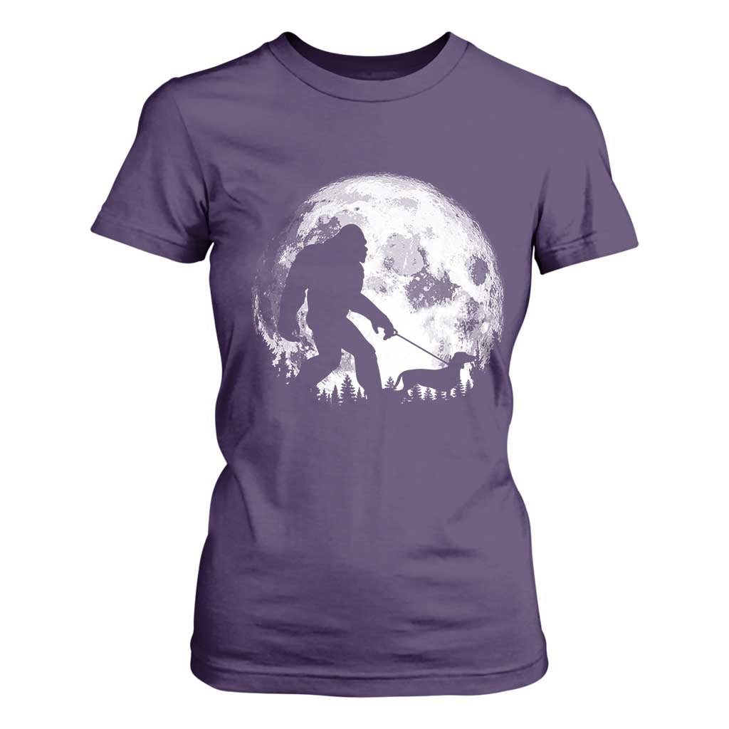 Bigfoot Walking Dachshund T Shirt For Women Funny Doxie Wiener Sasquatch Night Stroll Full Moon TS10 Purple Print Your Wear