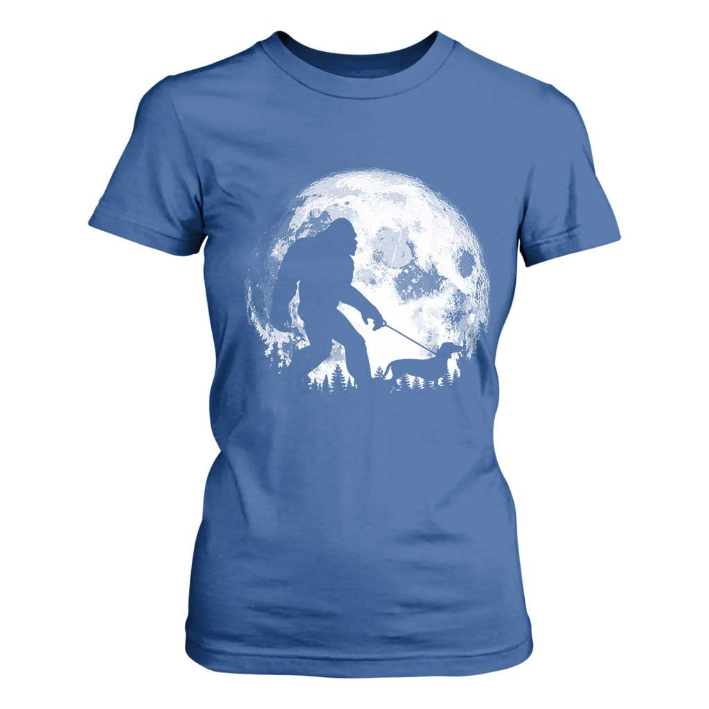 Bigfoot Walking Dachshund T Shirt For Women Funny Doxie Wiener Sasquatch Night Stroll Full Moon TS10 Royal Blue Print Your Wear