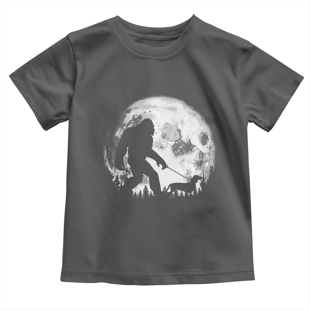 Bigfoot Walking Dachshund Toddler T Shirt Funny Doxie Wiener Sasquatch Night Stroll Full Moon TS10 Dark Heather Print Your Wear