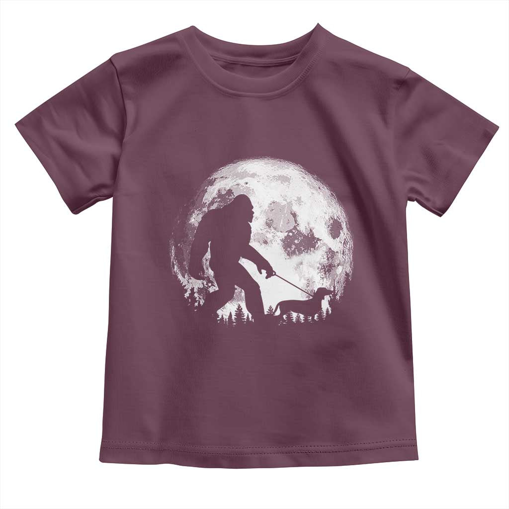 Bigfoot Walking Dachshund Toddler T Shirt Funny Doxie Wiener Sasquatch Night Stroll Full Moon TS10 Maroon Print Your Wear