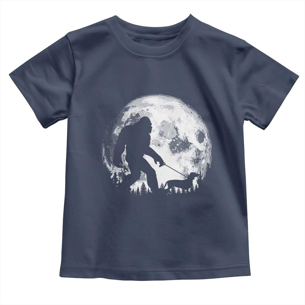 Bigfoot Walking Dachshund Toddler T Shirt Funny Doxie Wiener Sasquatch Night Stroll Full Moon TS10 Navy Print Your Wear