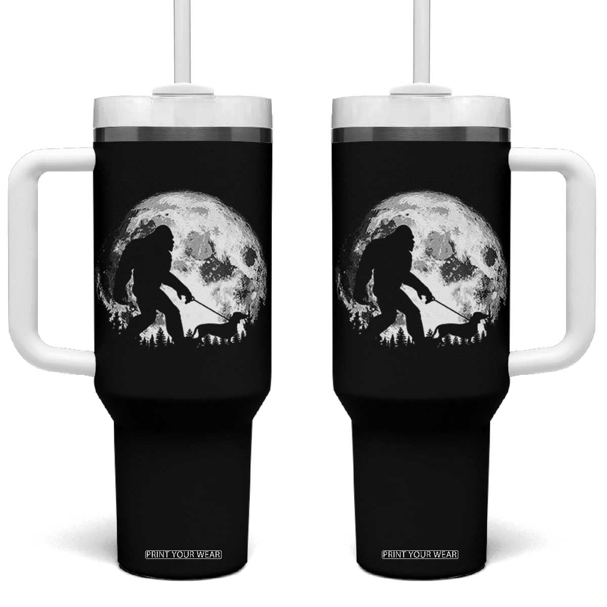 Bigfoot Walking Dachshund Tumbler With Handle Funny Doxie Wiener Sasquatch Night Stroll Full Moon TS10 One Size: 40 oz Black Print Your Wear