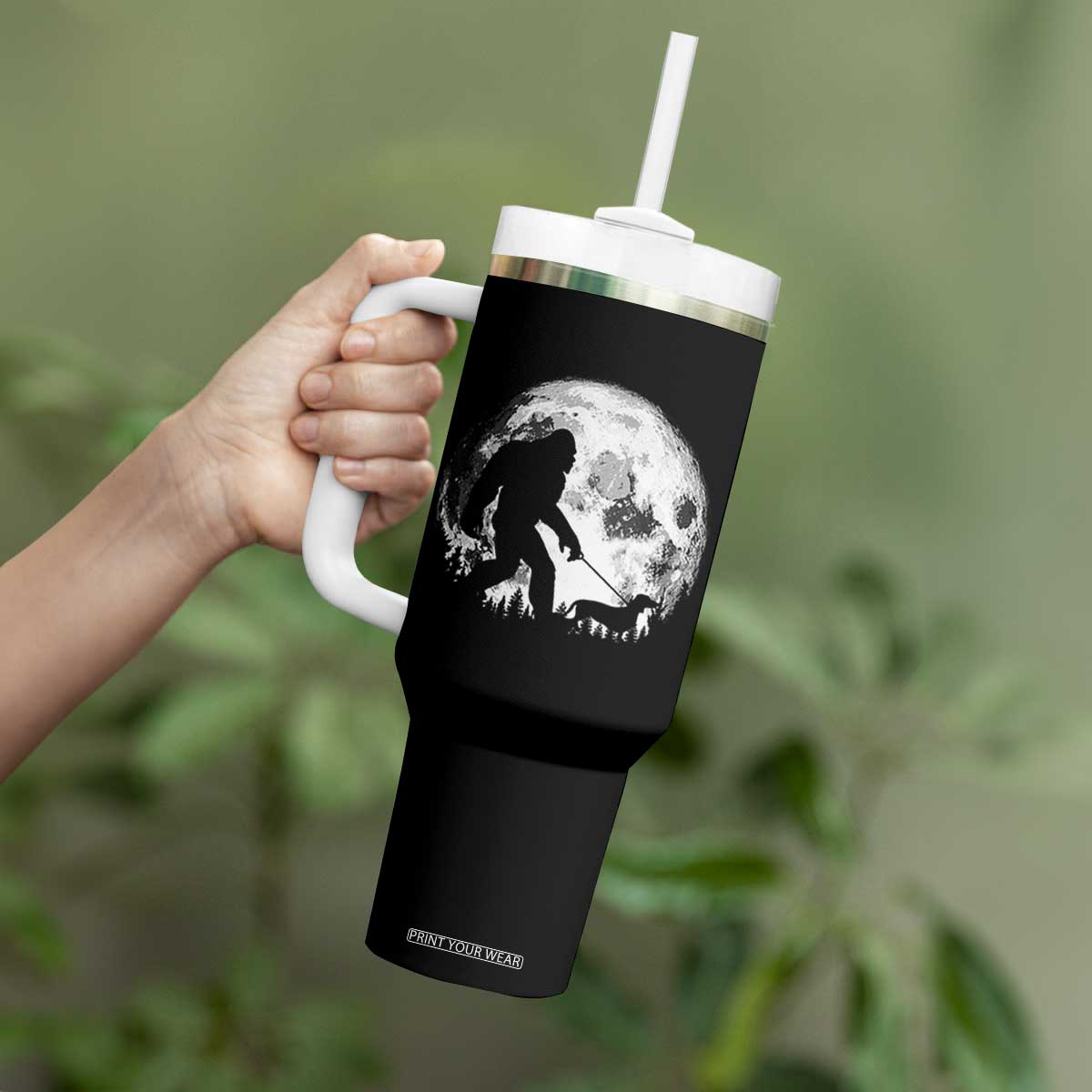 Bigfoot Walking Dachshund Tumbler With Handle Funny Doxie Wiener Sasquatch Night Stroll Full Moon TS10 Print Your Wear