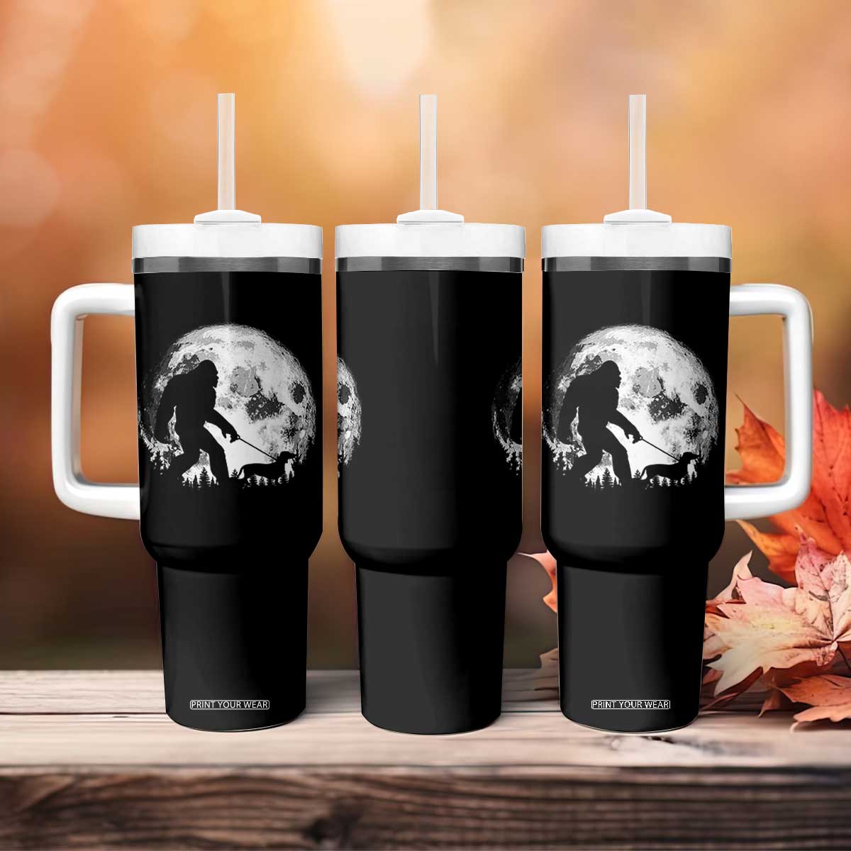 Bigfoot Walking Dachshund Tumbler With Handle Funny Doxie Wiener Sasquatch Night Stroll Full Moon TS10 Print Your Wear