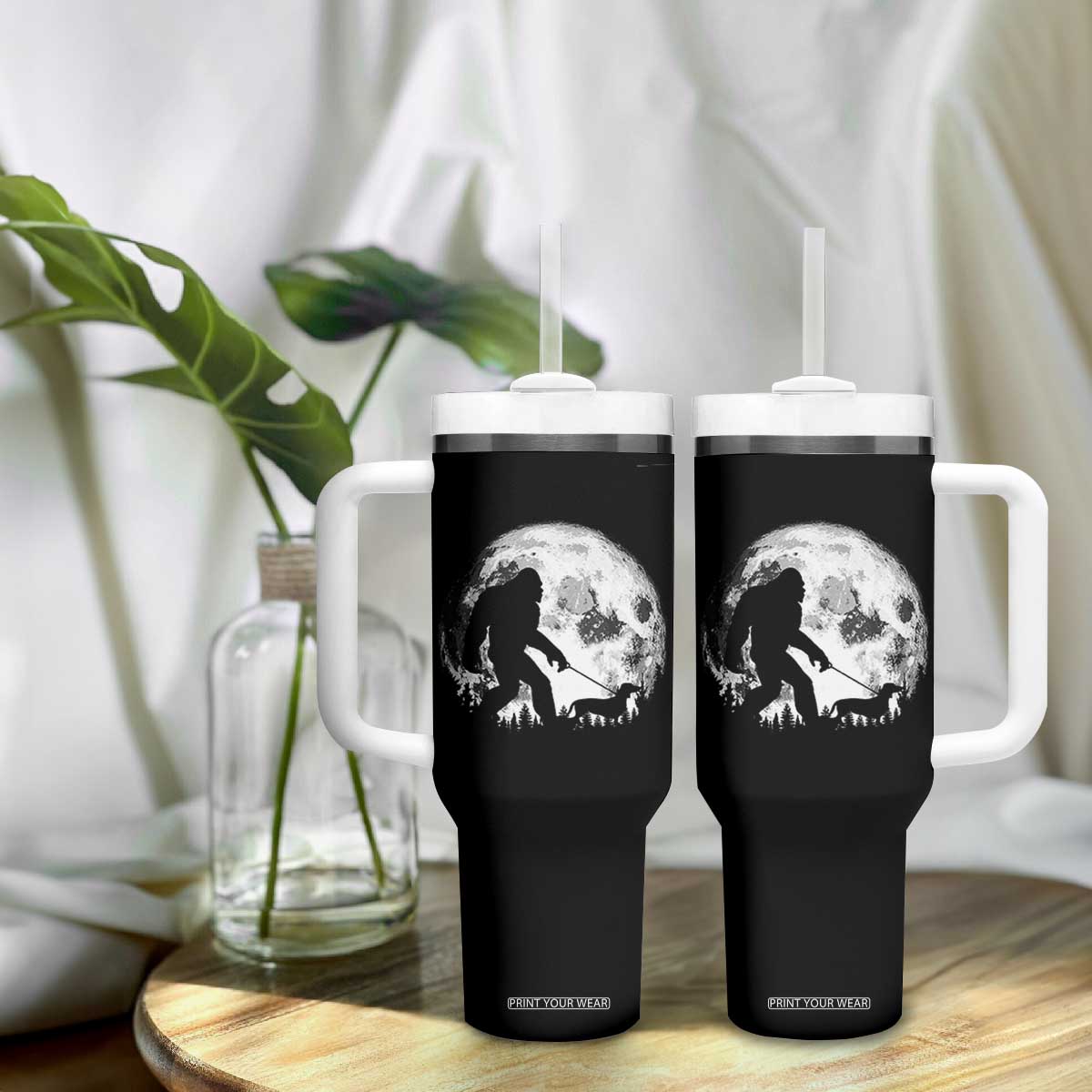 Bigfoot Walking Dachshund Tumbler With Handle Funny Doxie Wiener Sasquatch Night Stroll Full Moon TS10 Print Your Wear
