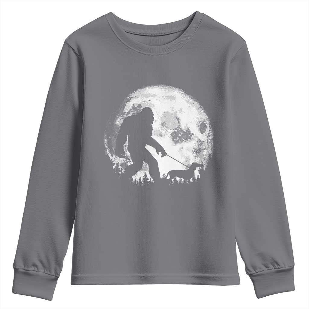 Bigfoot Walking Dachshund Youth Sweatshirt Funny Doxie Wiener Sasquatch Night Stroll Full Moon TS10 Charcoal Print Your Wear