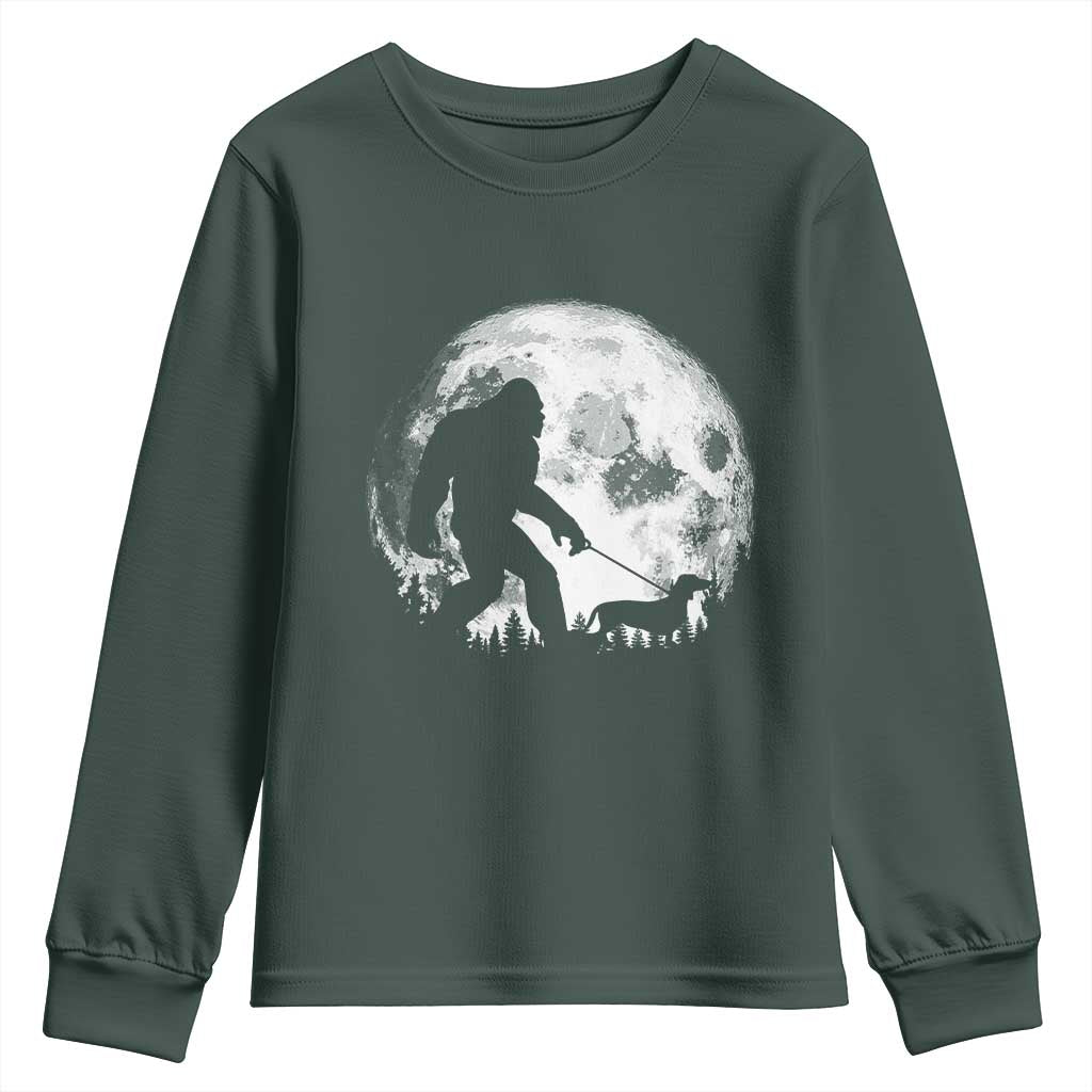 Bigfoot Walking Dachshund Youth Sweatshirt Funny Doxie Wiener Sasquatch Night Stroll Full Moon TS10 Dark Forest Green Print Your Wear