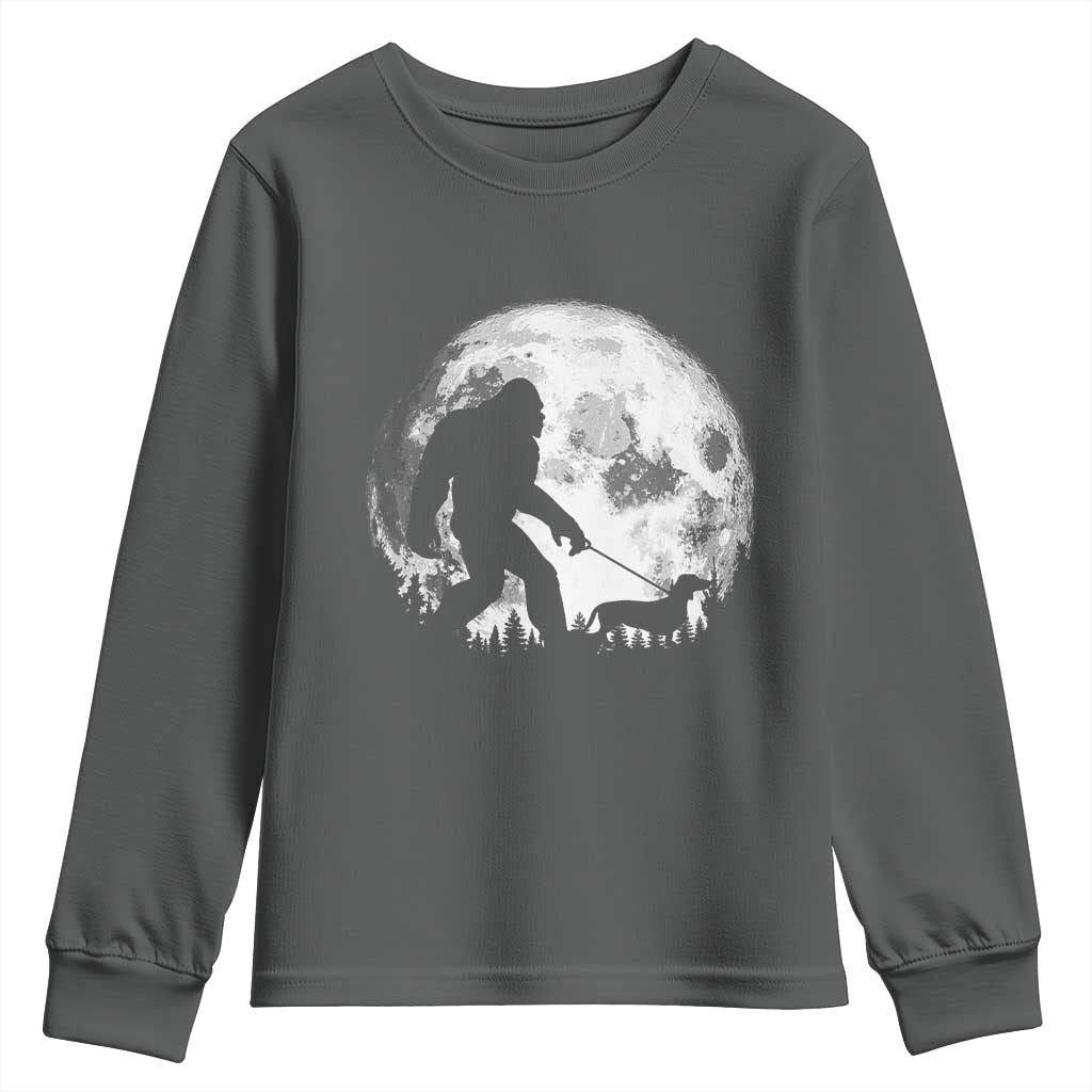 Bigfoot Walking Dachshund Youth Sweatshirt Funny Doxie Wiener Sasquatch Night Stroll Full Moon TS10 Dark Heather Print Your Wear
